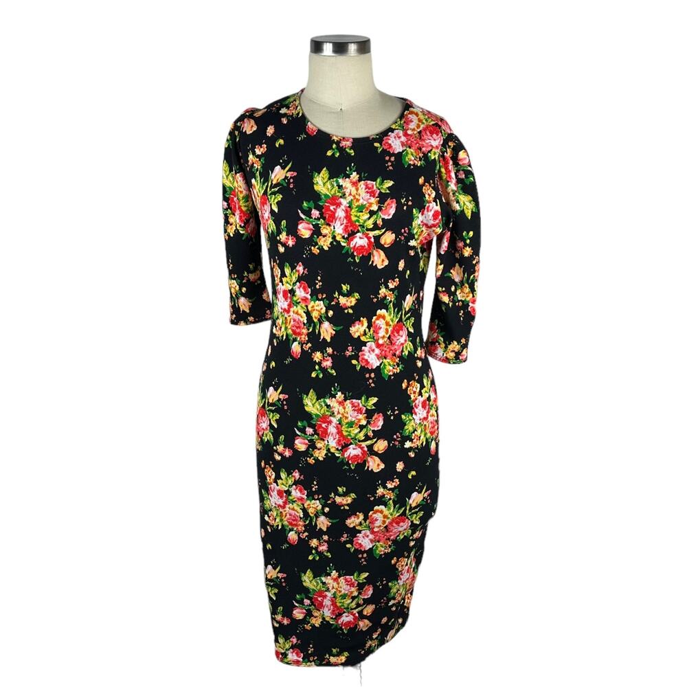 WUKOGALS Black Floral Patterned Sheath Midi Dress Women's 1 Boho Preppy